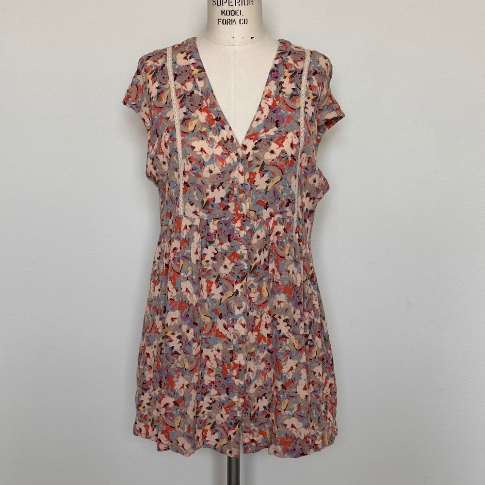 Vanessa Virginia Anthropologie Floral Button Front Mini Dress‎ Lace Trim Medium